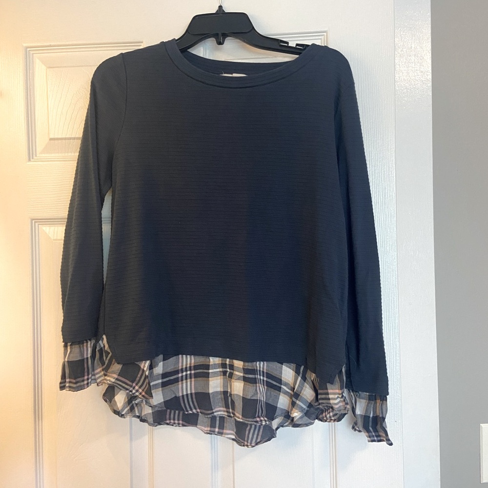 LOFT Navy Ribbed Long-Sleeve Top with Plaid Hem